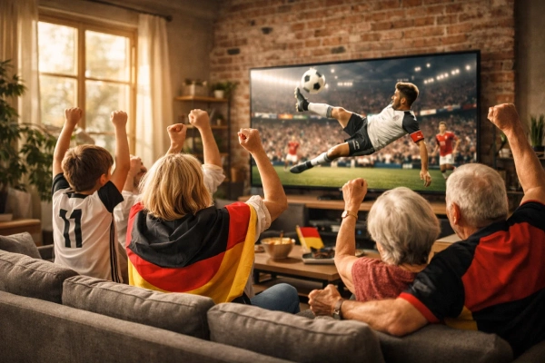 Familie schaut Live-Fußball auf Smart TV – IPTV Listen kaufen für Sport, Filme und Serien